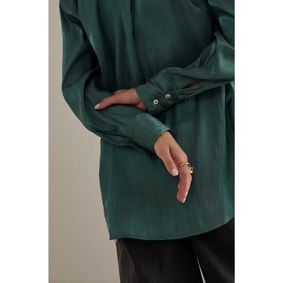 Anthropologie Silky Iridescent Button Up Green Long Sleeve Shirt Plus 3X - Picture 8 of 14